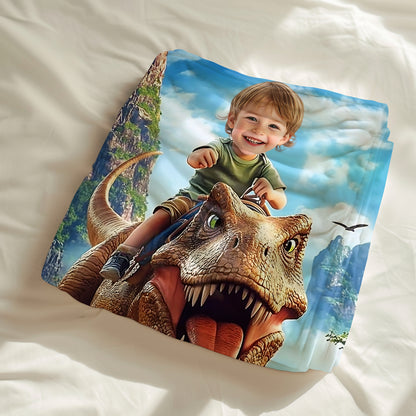 Custom Personalized Photo Blanket - Velociraptor Rider in the Valley - Dinosaur Blanket