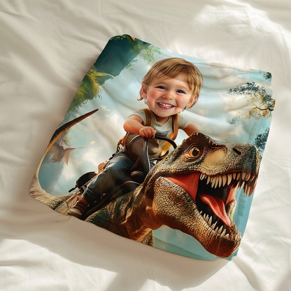 Custom Personalized Photo Blanket - Velociraptor Knight in the Mist - Dinosaur Blanket