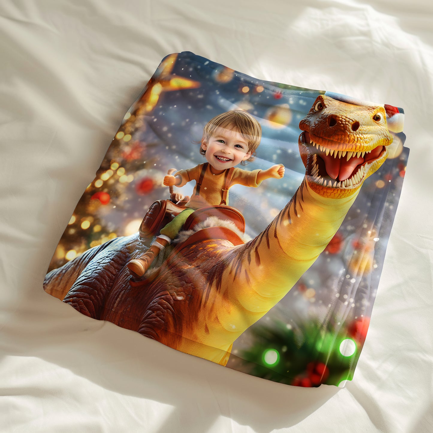 Custom Personalized Photo Blanket - Christmas Apatosaurus Kid - Dinosaur Blanket