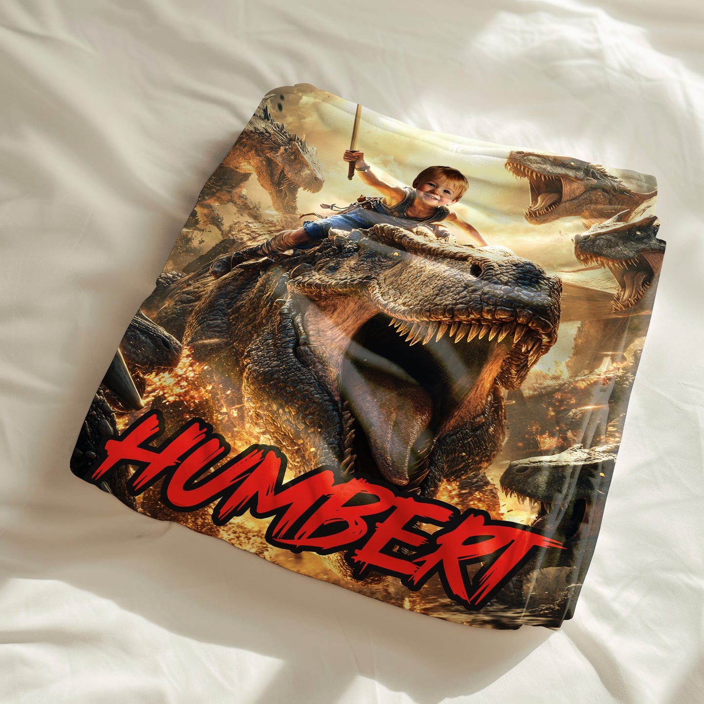 Custom Personalized Photo Blanket - Swordsman Boy On Dinosaur Back - Dinosaur Blanket