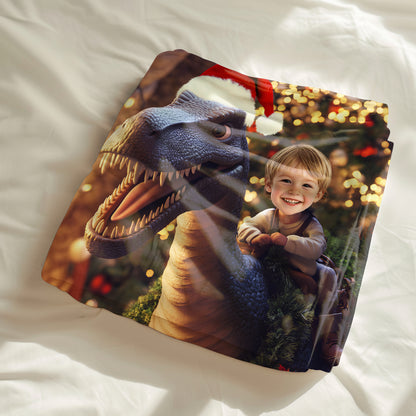 Custom Personalized Photo Blanket - Cute Dinosaur With Santa Hat - Dinosaur Blanket