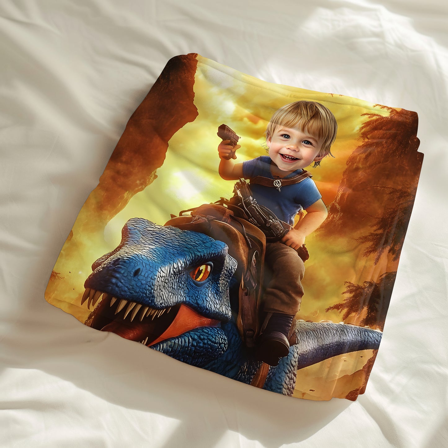 Custom Personalized Photo Blanket - Mini T-Rex and Cowboy - Dinosaur Blanket