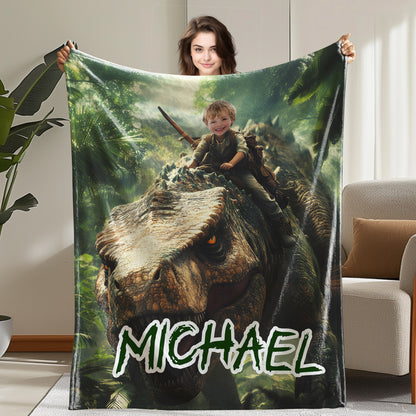 Custom Personalized Photo Blanket - Jungle Dinosaur Rider Blanket