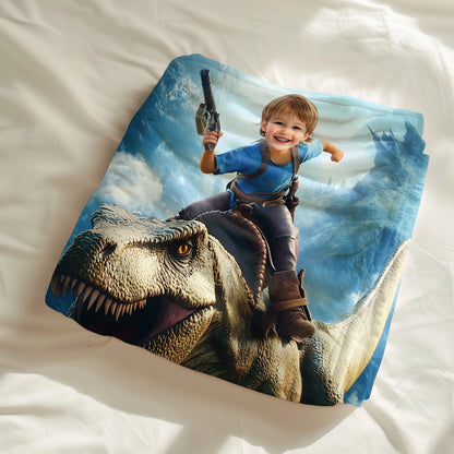 Custom Personalized Photo Blanket - T-Rex Rider Boy Glacier Gunner - Dinosaur Blanket