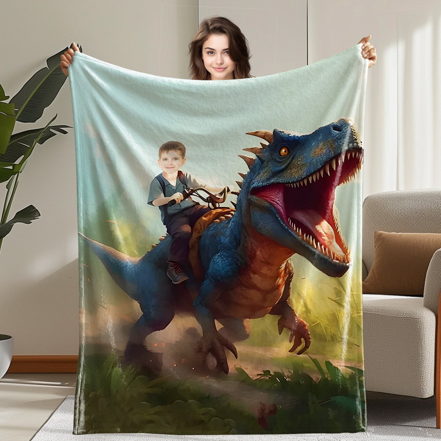 Custom Personalized Photo Blanket - Boy Riding Cyan T-Rex Dinosaur Blanket