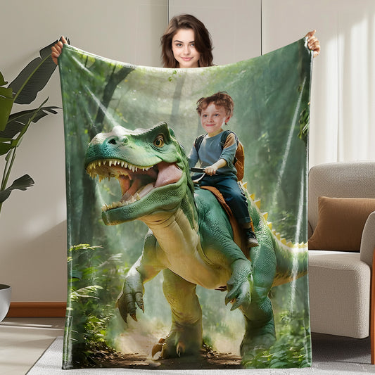 Custom Personalized Photo Blanket - Boy Riding T-Rex Dinosaur Blanket