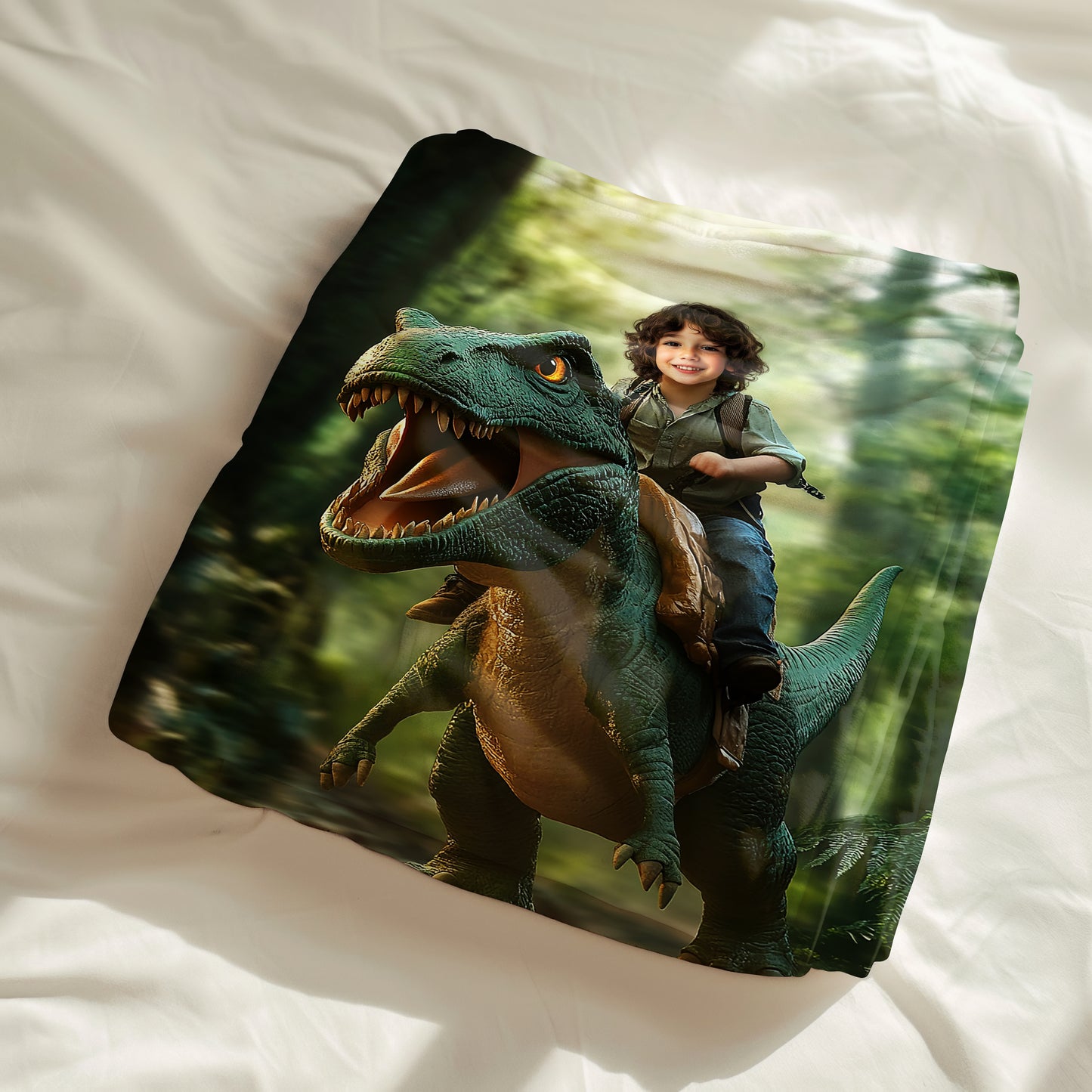 Custom Personalized Photo Blanket - Jungle T-Rex Rider Boy Dinosaur Blanket