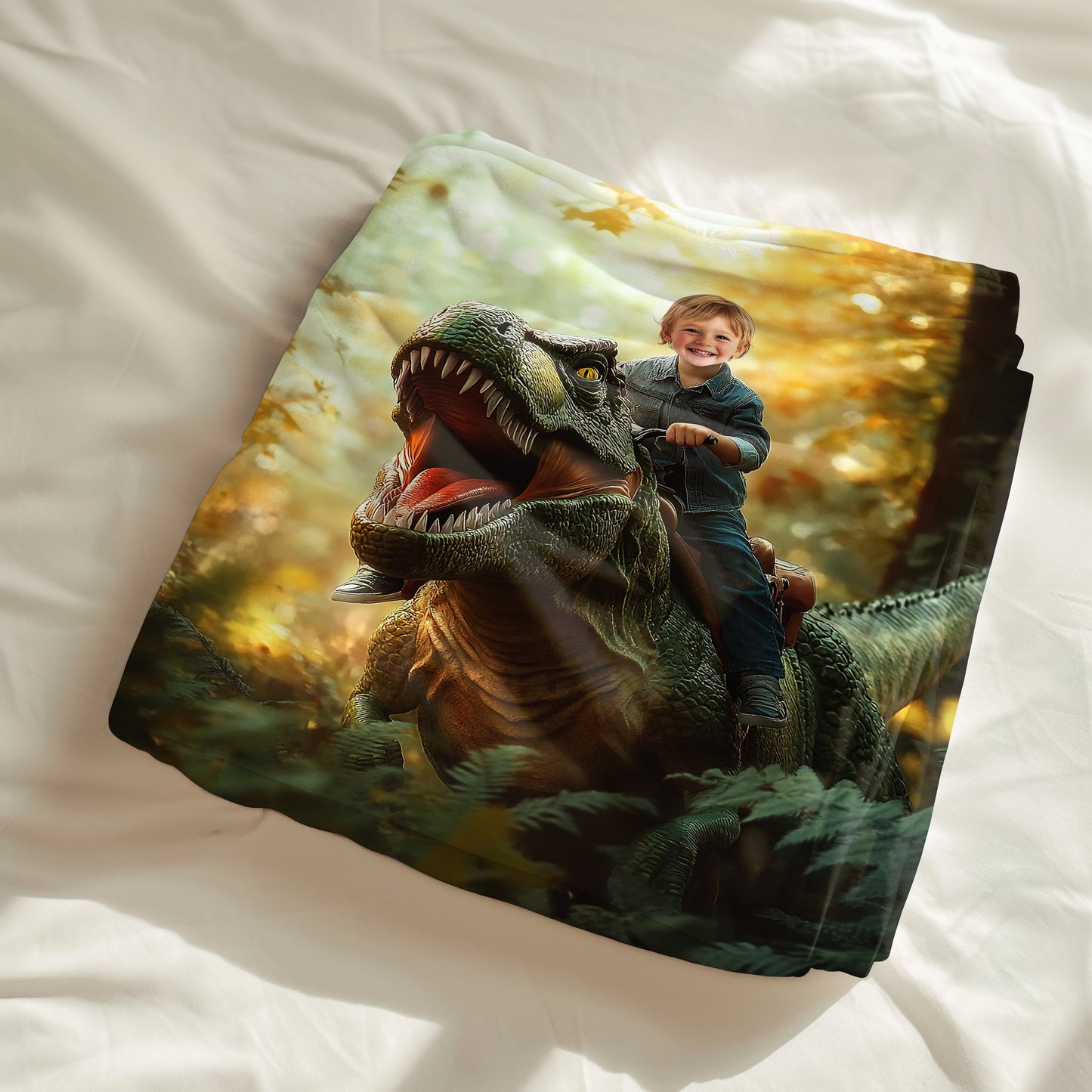 Custom Personalized Photo Blanket - T-Rex Rider Boy at Dawn - Dinosaur Blanket