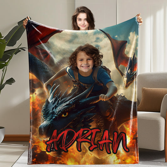 Custom Personalized Photo Blanket - Pterosaur Rider in Flame Dinosaur Blanket