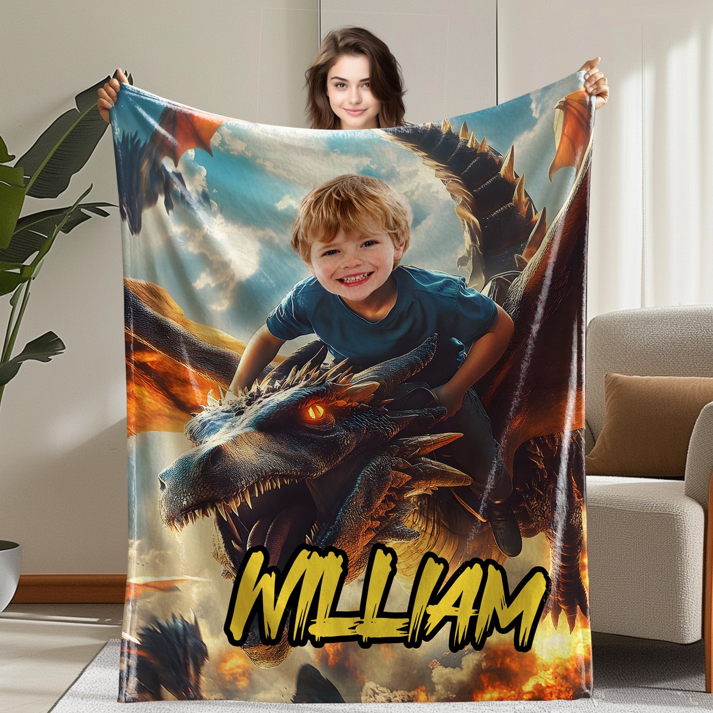 Custom Personalized Photo Blanket - Pteranodon Rider Dinosaur Blanket