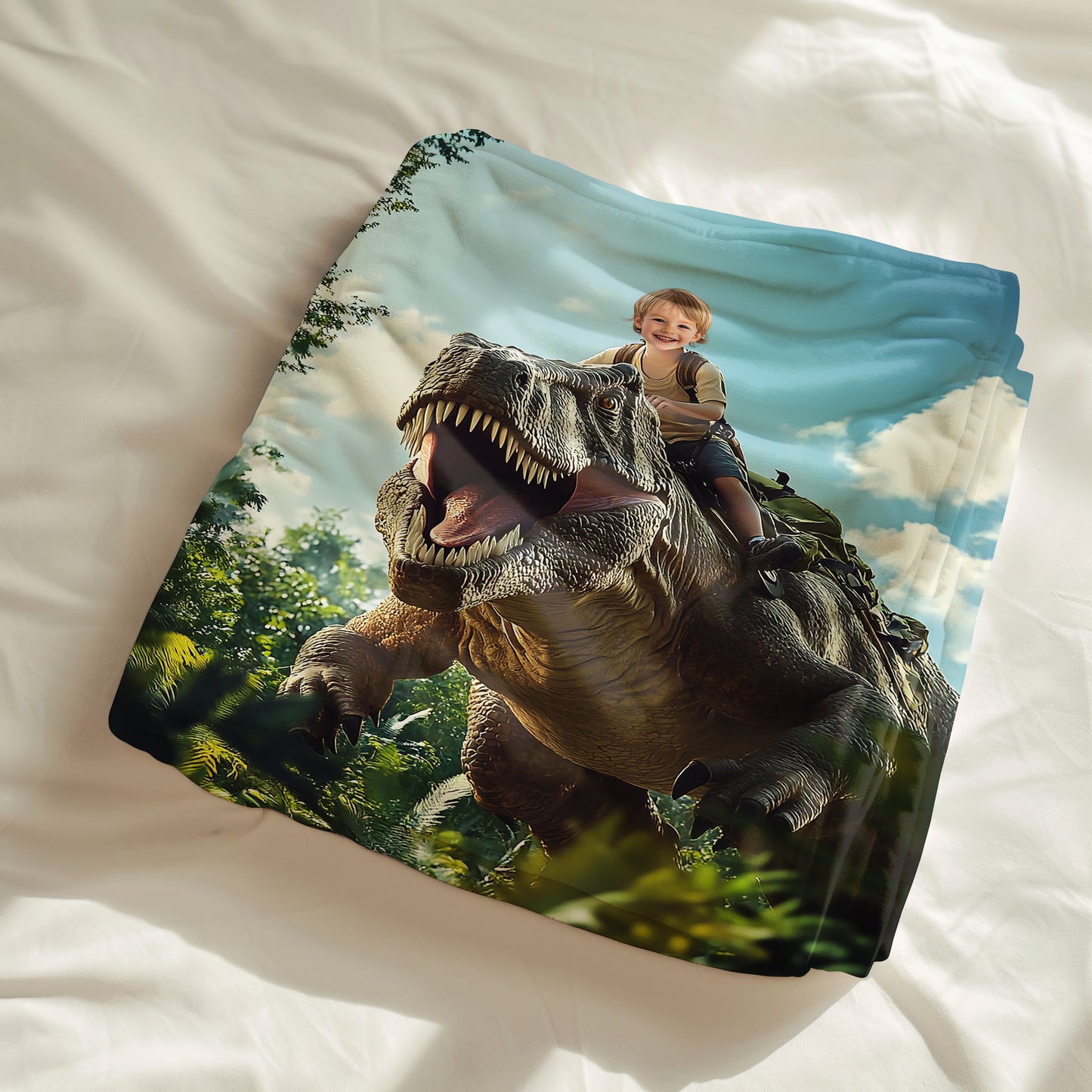 Custom Personalized Photo Blanket - Brave Boy Riding Dinosaur Blanket