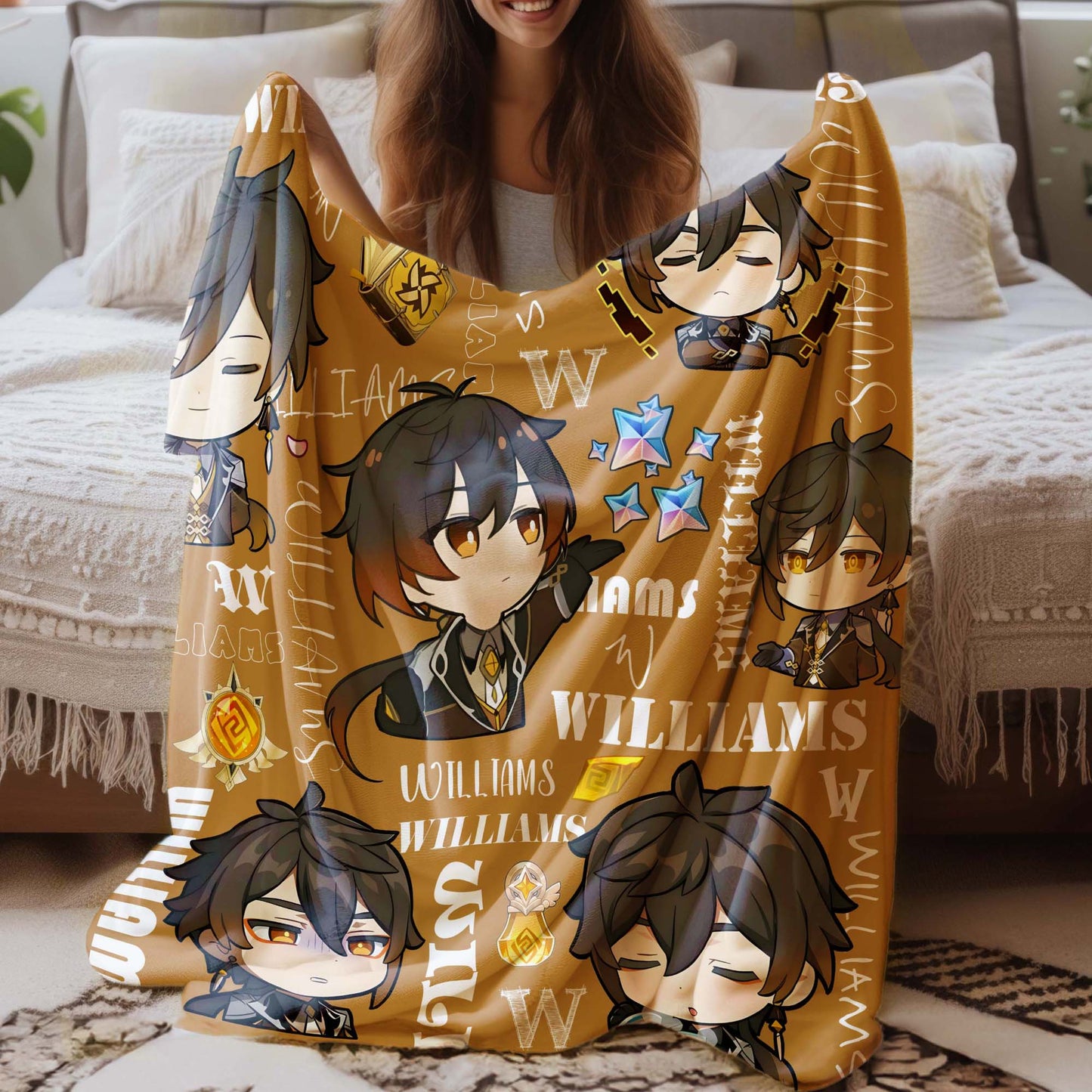 Custom Personalized Name Blanket - Genshin Chibi Zhongli Blanket