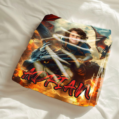 Custom Personalized Photo Blanket - Pterosaur Rider in Flame Dinosaur Blanket