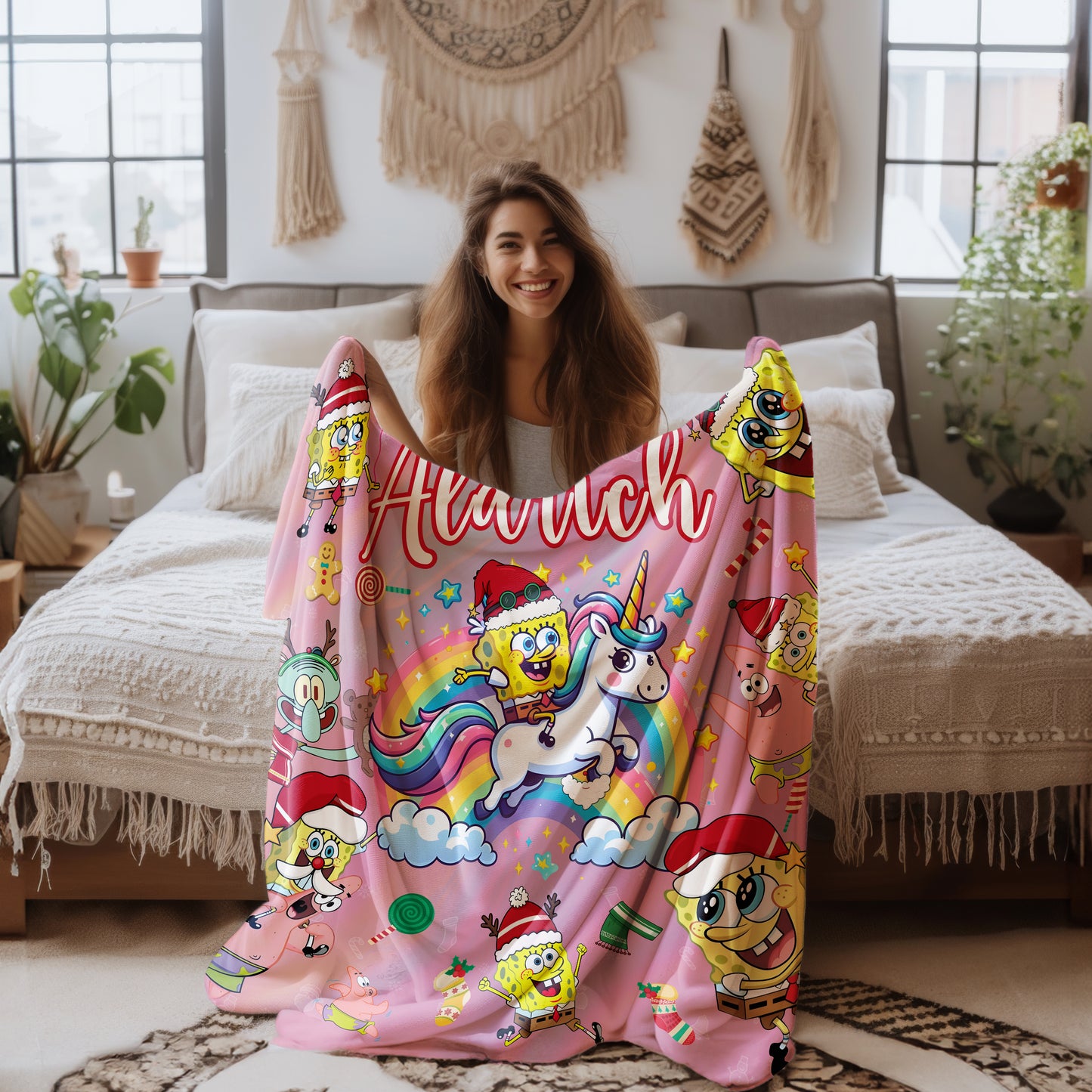 Custom Personalized Name Blanket - Christmas SроngеВоb Blanket