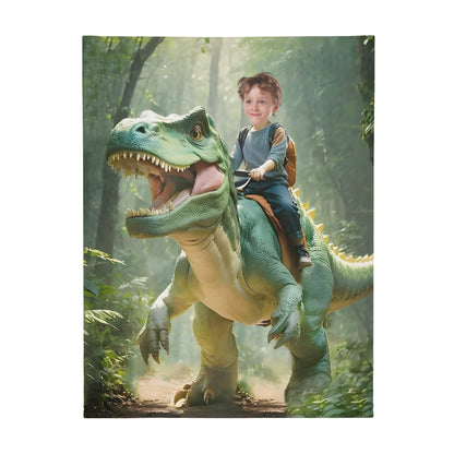 Custom Personalized Photo Blanket - Boy Riding T-Rex Dinosaur Blanket